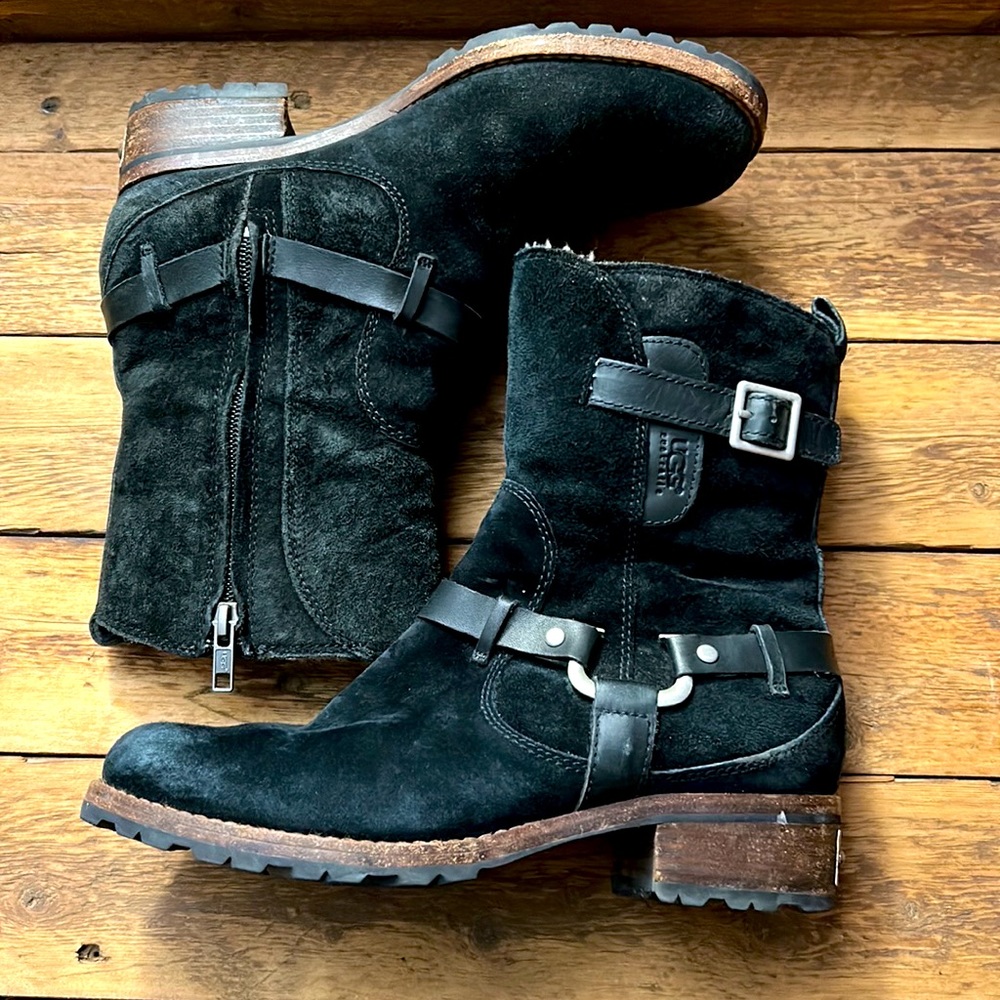 PRE-OWNED UGG ENDELL 5604 BLACK SUEDE SHEARLING ANKLE WINTER BOOTS Size 7